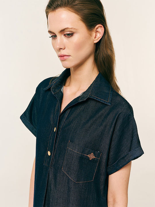 Summer Mini Denim Shirt Dress Blue