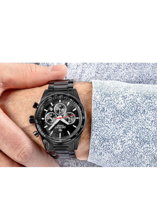 Giewont Herrenuhr 43mm Chronograph Batterie mit Schwarz Metall-Armband