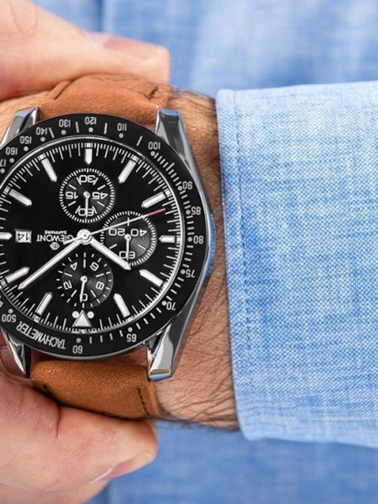 Men's Watch 44mm Chronograph Battery with Brown Leather Strap