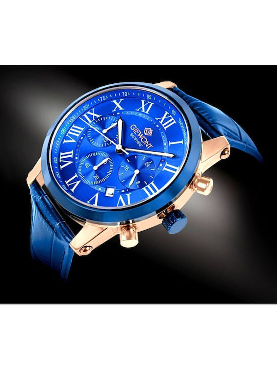 Giewont Herrenuhr 42mm Chronograph Batterie mit Blauem Lederriemen