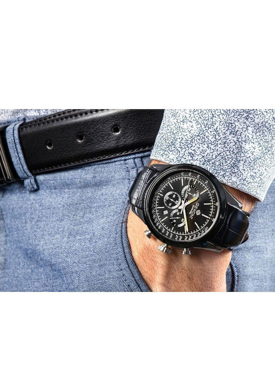 Giewont Herrenuhr 47mm Chronograph Batterie mit Schwarz Lederriemen