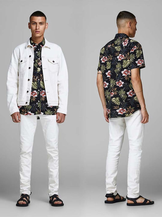 Men's Floral Shirt with Short Sleeves Slim Fit Black