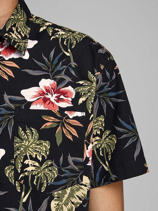 Men's Floral Shirt with Short Sleeves Slim Fit Black