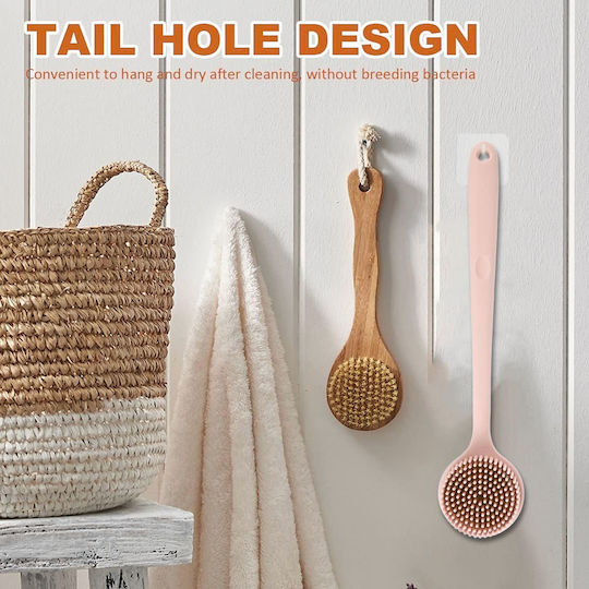 Double-Sided Silicone Bath Brush with Long Pink Handle