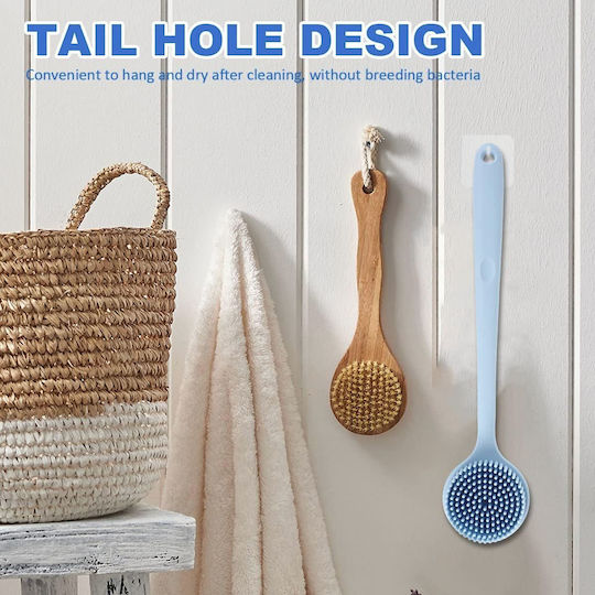 Double-Sided Silicone Bath Brush with Long Light Blue Handle