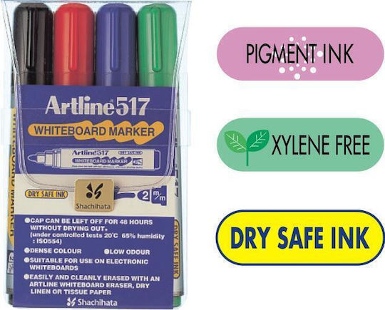 Artline Маркер За Бяла Дъска Artline 517 Dry Safe Ink 2.0mm Кръгъл На върха Комплект От 6 Цвята