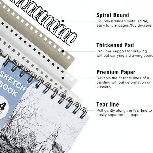 Roza Sketchbook A4 160gsm Spiral Sketch Pad 48 Pages Blue For Pencil & Markers