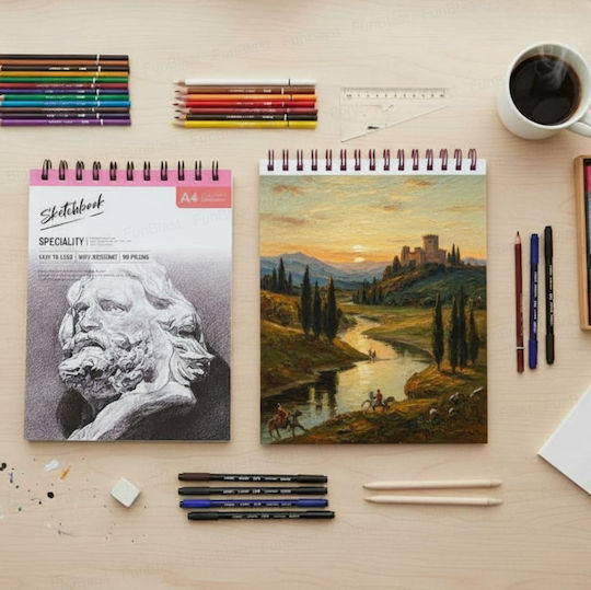 Roza Sketchbook A4 160gsm Σπιράλ Μπλοκ Σχεδίου 48 Σελίδες Μολύβι & Μαρκαδόρους