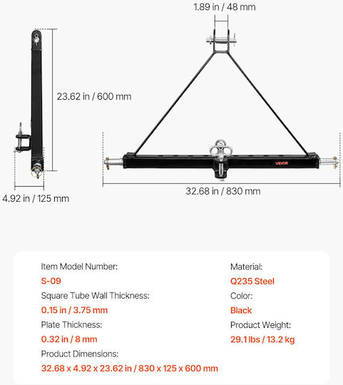 Vevor Three Point Tow Hitch Ball Adapter Quick Hitch Tractor Category 2 Compatible Kubota Mahindra Ford Yanmar John Deere Massey Ferguson Sjxjsqdkbp21yh3a3001v0