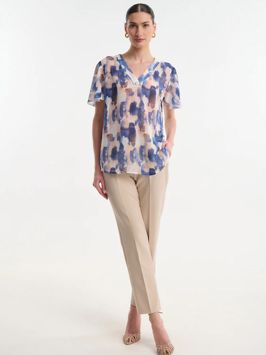 Women's Satin Short Sleeve Blue Blouse