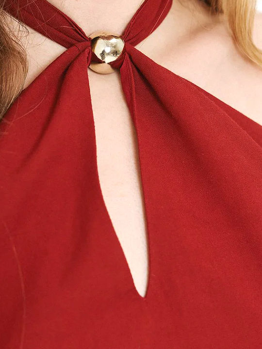 Γυναικεία Καλοκαιρινή Μπλούζα Λινή Off-Shoulder Αμάνικη με Δέσιμο στο Λαιμό Κοκκινο