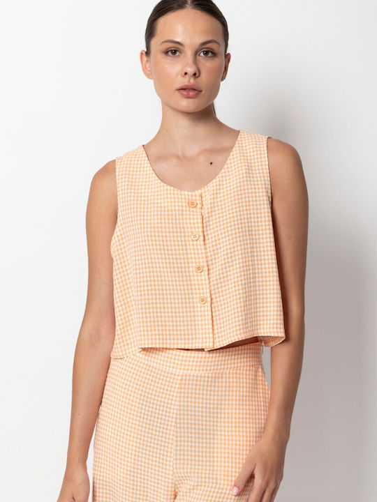 Women's Sleeveless Checked Blouse Peach