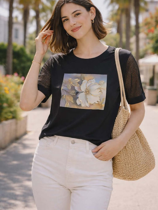 Women's Blouse Cotton Floral Black