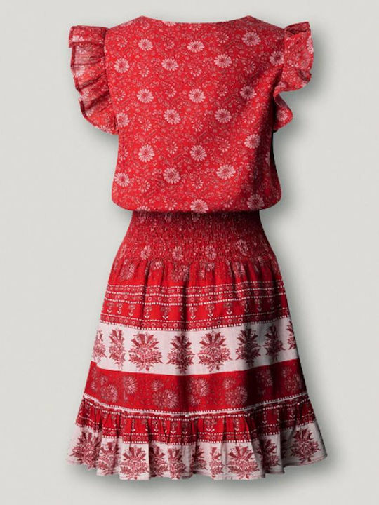Floral Floral Καλοκαιρινό Mini Φόρεμα Royal Red