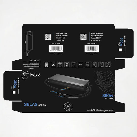 kelvo Adjustable LED Power Supply Waterproof IP67 Power 360W with Output Voltage 12V