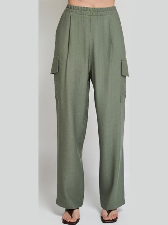 Women's Khaki Set with High Rise Trousers with Rubber Band in Loose Fit