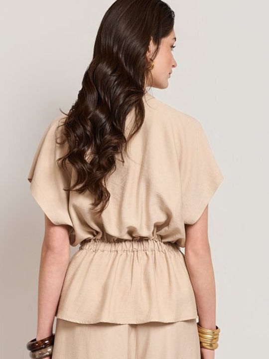 Women's Beige Set with High Rise Trousers with Rubber Band in Loose Fit