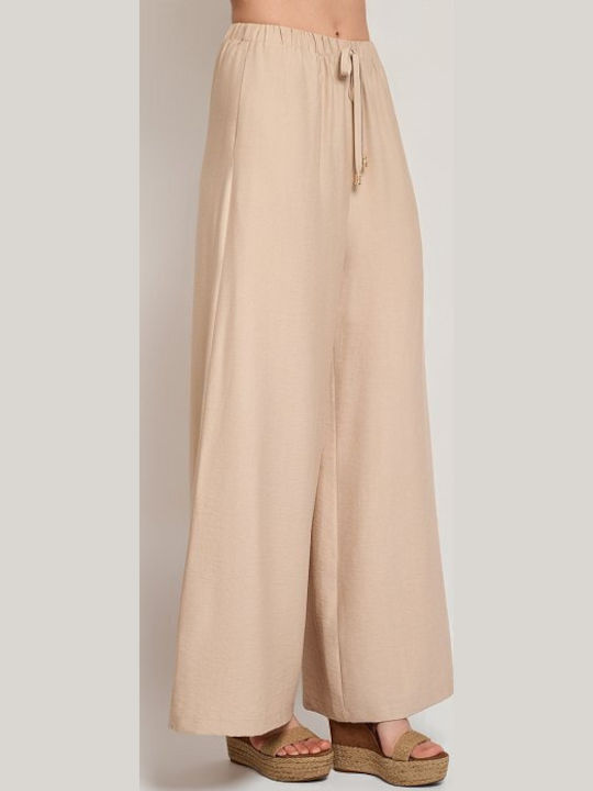 Women's Beige Set with High Rise Trousers with Rubber Band in Loose Fit