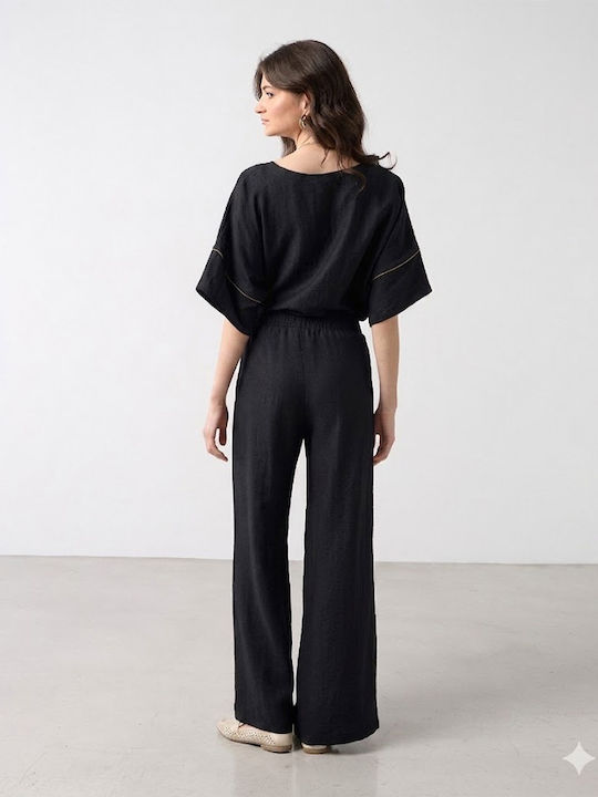 Women's High Rise Linen Pantaloons with Rubber Band in Regular Fit Black