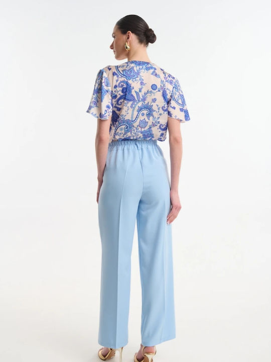 Women's High Rise Linen Pantaloons with Rubber Band Light Blue