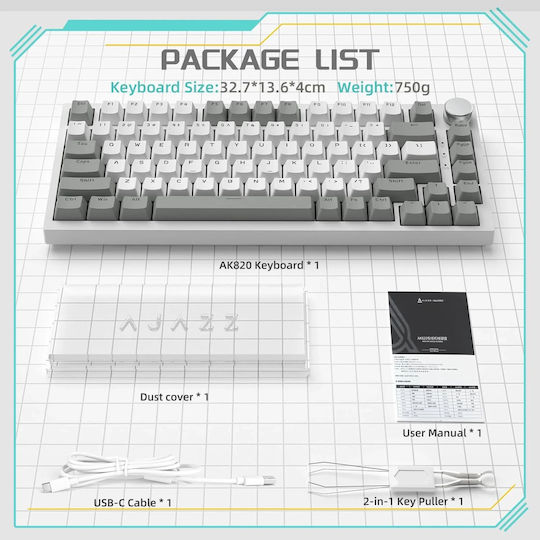 Ajazz AK820 Gaming Tastatură Mecanică 75% cu Taste Iluminate (Engleză SUA) White Light