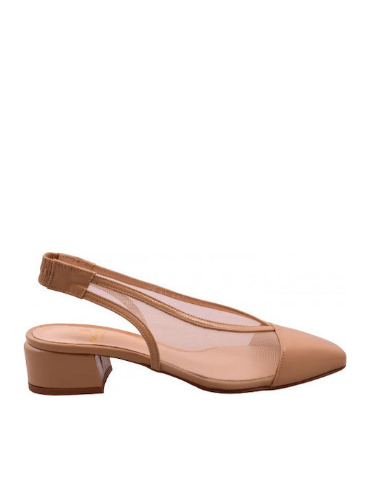Leather Heels with Low Heel Beige