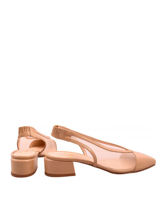 Leather Heels with Low Heel Beige