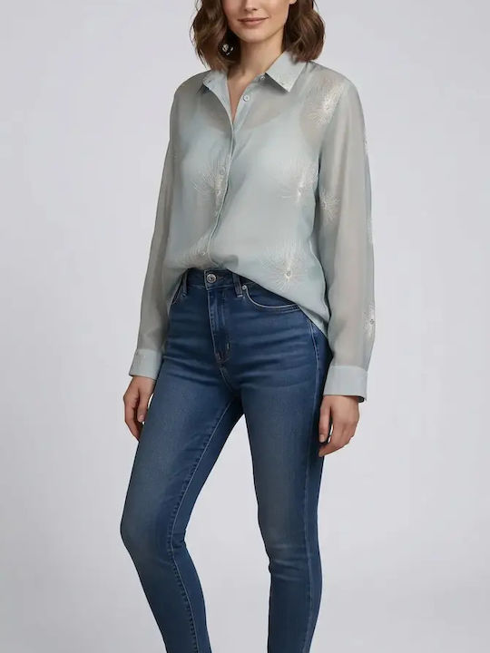 Cămașă De Damă Din Denim Mânecă Lungă Verde Floral