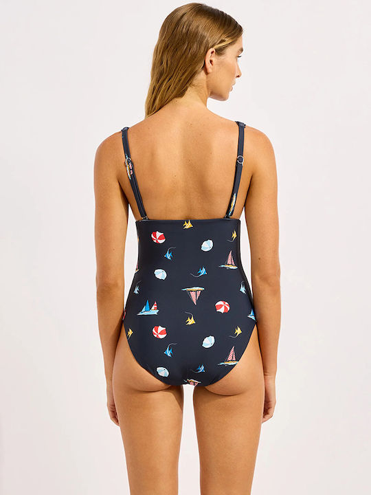 One Piece Swimsuit with Removable Padding Navy Blue
