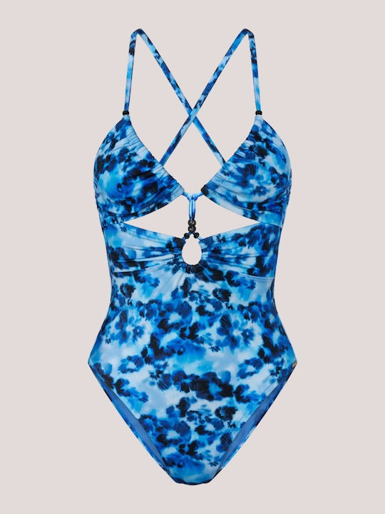 Triumph Women's One Piece Swimsuit Tie-dye Print Shades of Blue & Unique Neck Tie Low Cut 10226484.0032/32