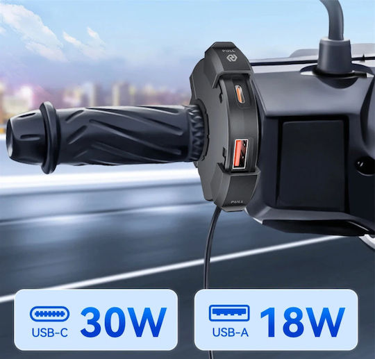 Spv T Φορτιστής Usb Μοτοσικλέτας 30w Type-c 18w Usb-a Γρήγορη Φόρτιση 3.0 Αδιάβροχος Υλικό Νάιλον Στήριγμα Τιμονιού 12v-24v Μαύρος