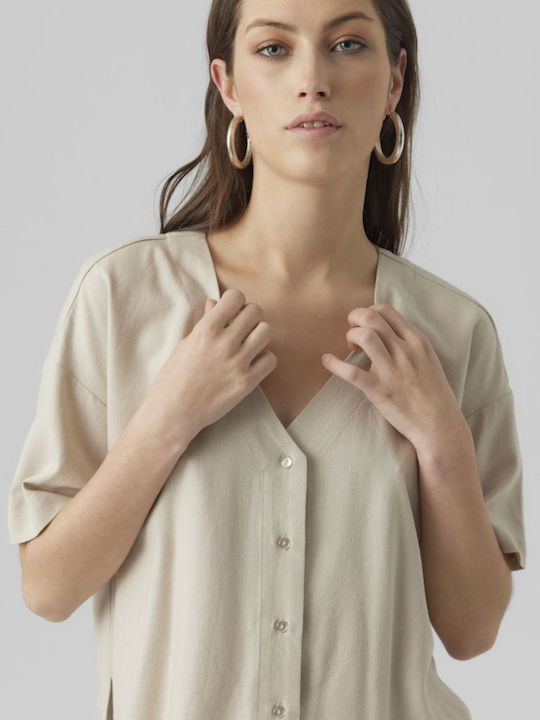 Women's Summer Linen Blouse with 3/4 Sleeve and V-Neck Silver