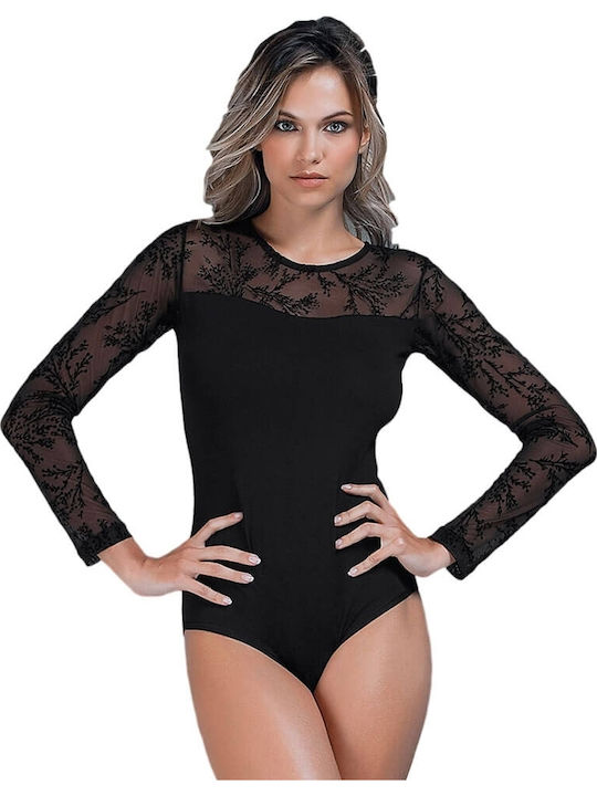 Jadea Black Long Sleeve Bodysuit Tulle Velvet On Sleeves 4870