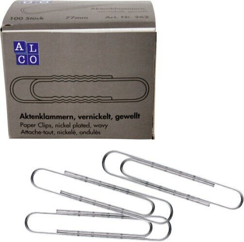 Alco Nickelbeschichtete Büroklammern 77 Mm Wellig 100 Stück Verpackung