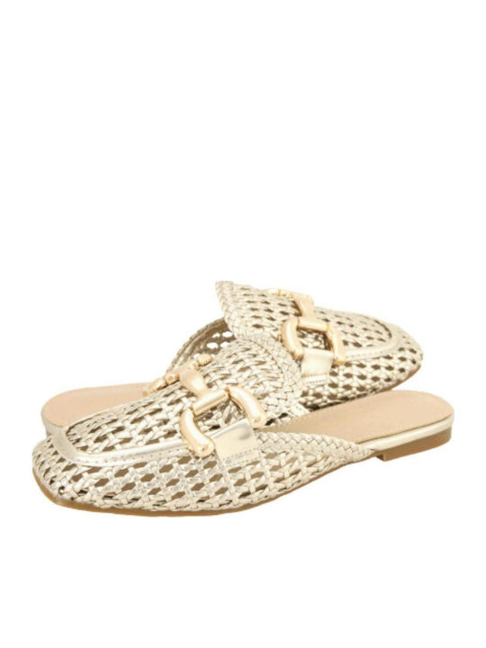 Leather Mules with Heel in Gold Colour