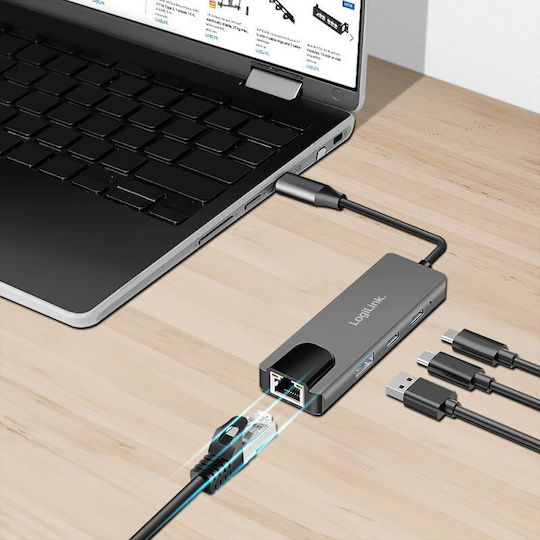 LogiLink Hub USB 3 Porturi USB 3.2 cu Conectare USB-C Ethernet Gri