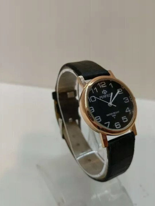 Perfect Γυναικείο Ρολόι 34mm Μπαταρίας με Μαύρο Δερμάτινο Λουράκι