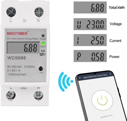 Еднофазен Превключвател Sinotimer Wds688 5-60A 230V Смарт WiFi Управление От Многофункционално Мобилно Приложение