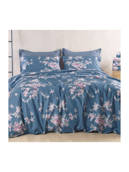 Rythmos Σετ Παπλωματοθήκη Βαμβακερή 225x250cm Υπέρδιπλη με 2 Μαξιλαροθήκες Springtime Μπλε Σκουρο