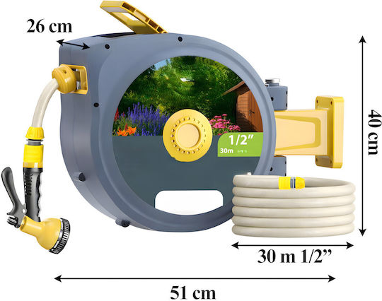 Anvelopă Automată Furtun Grădină Zola Montat Pe Perete 30 M 1/2" Sistem Blocare Retragere Automată 51 X 26 X 40 Cm Gri Galben