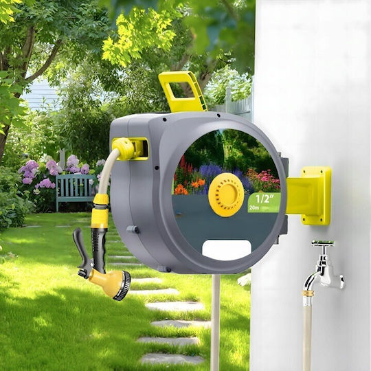 Anvelopă Furtun Grădină Automată Zola Montată pe Perete 20 M 1/2" Sistem de Blocare Retragere Automată 51x26x40 Cm Gri Galben
