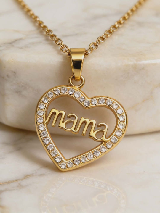 Mama Heart Pendant Necklace With Crystals – Gold