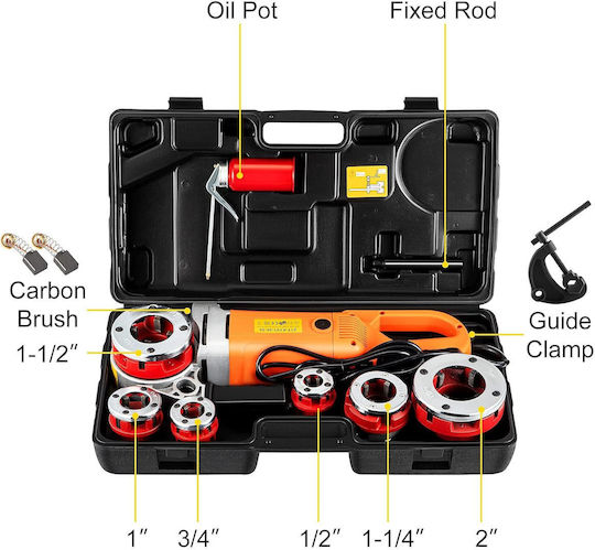 Vevor Mașină Portabilă de Filetat 2300w 220v Eu Filetator Electric Pentru Țevi 1/2"–2" 6 Filiere Incluse 22 Rpm Motor din Cupru Sistem Reversibil Cutie de Transport Țevi Metalice Galvanizate din Plastic Profesional
