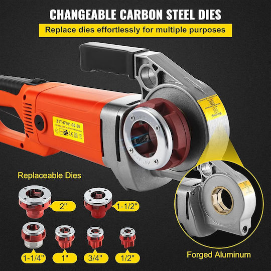 Vevor Mașină Portabilă de Filetat 2300w 220v Eu Filetator Electric Pentru Țevi 1/2"–2" 6 Filiere Incluse 22 Rpm Motor din Cupru Sistem Reversibil Cutie de Transport Țevi Metalice Galvanizate din Plastic Profesional