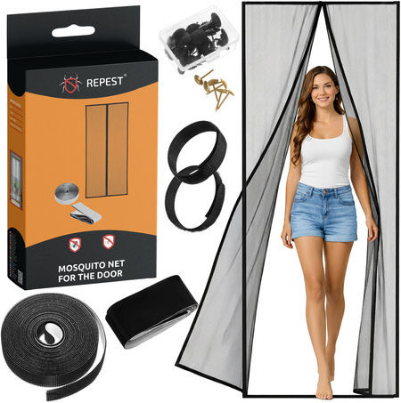 Mosquito Net Door with Velcro with Magnetic Clasp Made of Black Polyester 210x100cm