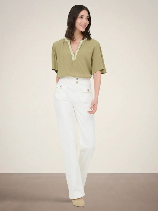 Women's Short Sleeve Blouse with V-Neckline Olive
