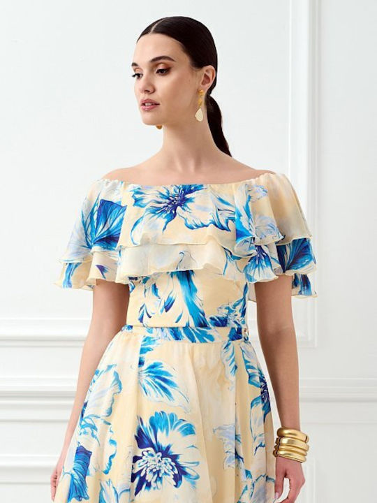 Γυναικεία Μπλούζα Off-Shoulder με Φερμουάρ Floral Μπλε