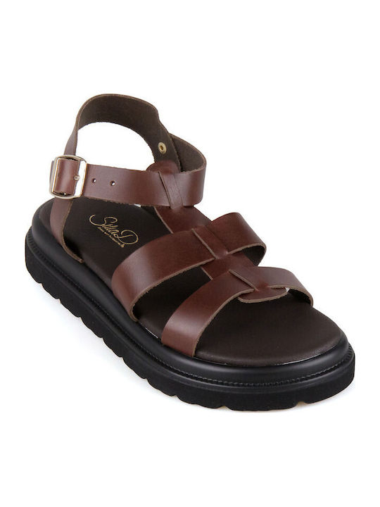 Leder Damen Flatforms Gladiator Braun