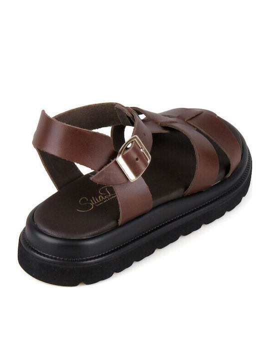 Leder Damen Flatforms Gladiator Braun