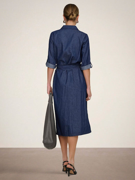 Summer Midi Shirt Dress Denim Blue